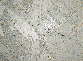 Cast titanium alloy microstructure showing alpha-beta phases