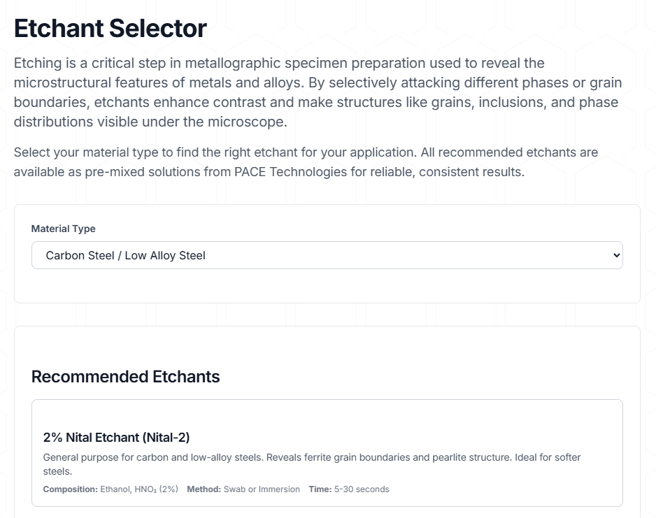 Screenshot of the Smart Etchant Selector tool showing material and etchant matching interface